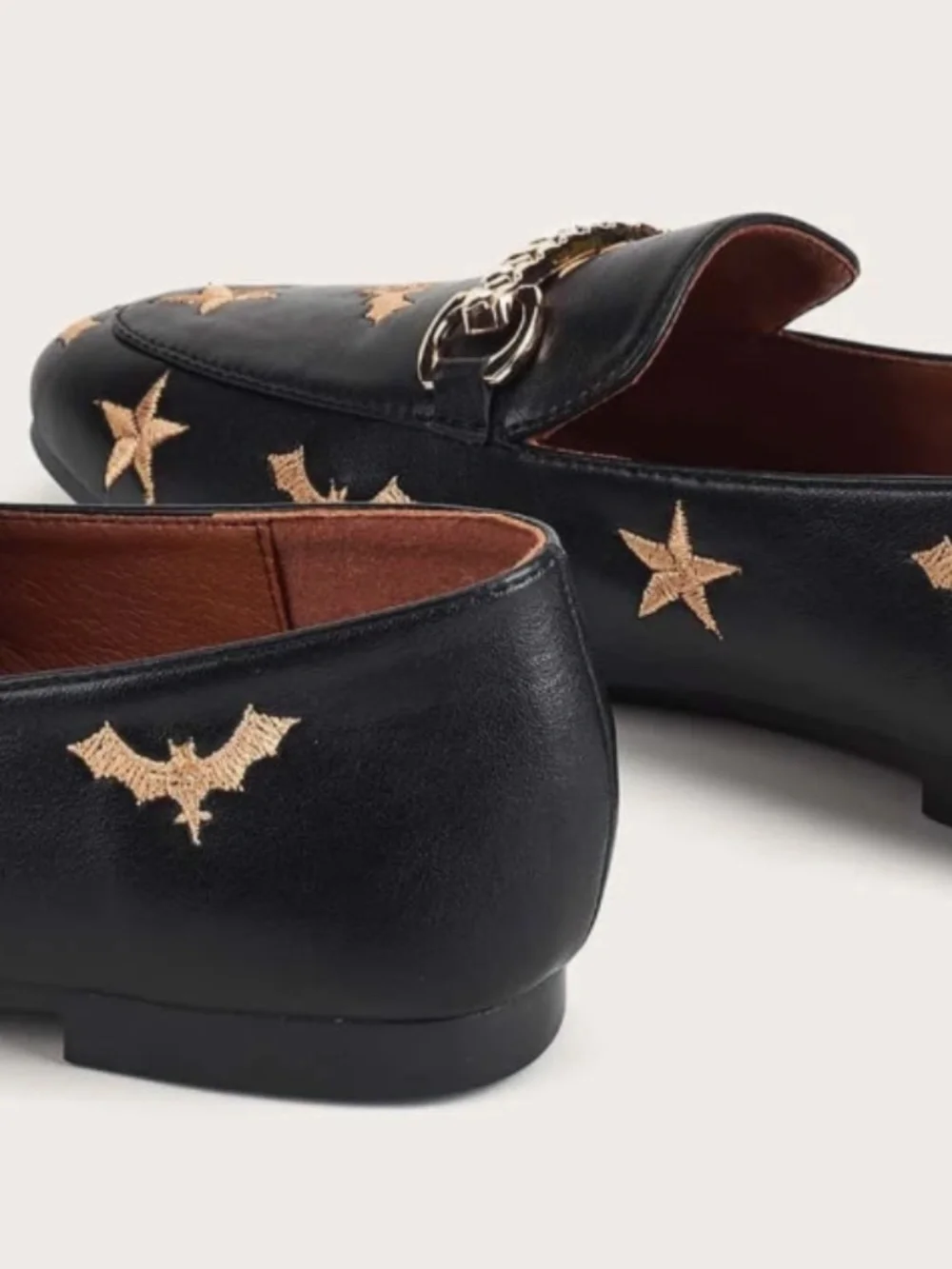 Bat Star Embroidered Loafers Black Horsebit Flat Slip On Shoes Smooth Leather